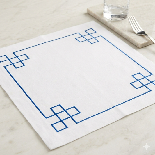 Navy Fretwork Embroidered Napkin