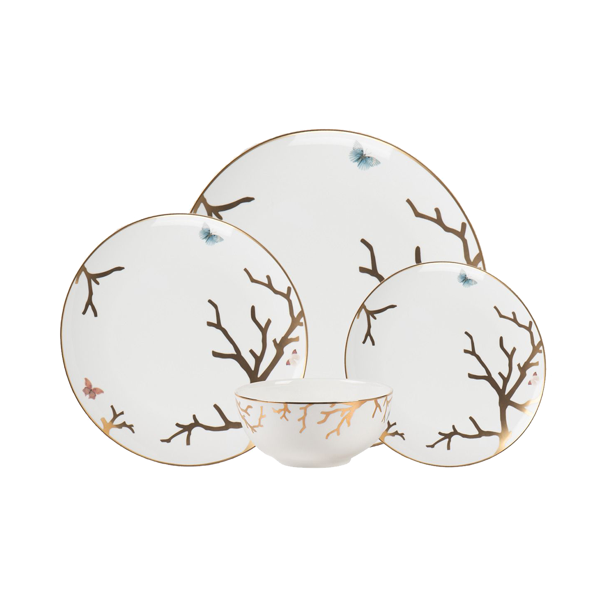 16-piece porcelain dinnerware set with soft fluttering pink and gold designs on a white base.