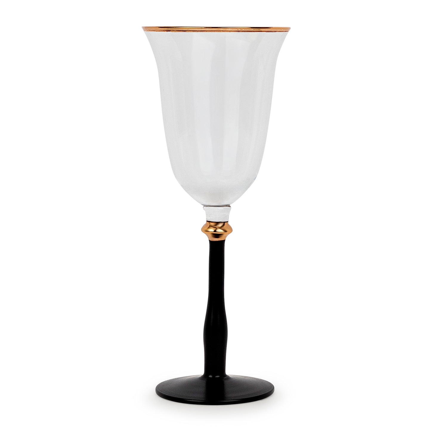 Set of 4 elegant black-stemmed wine glasses with gold-trimmed clear bowls.
