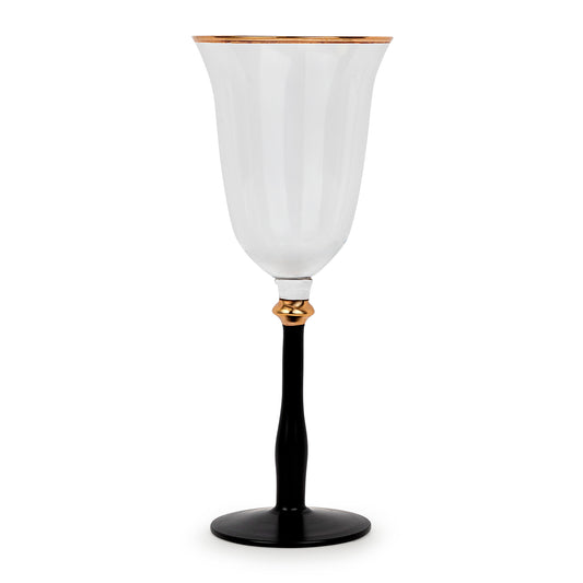 Set of 4 elegant black-stemmed wine glasses with gold-trimmed clear bowls.