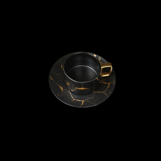 Gold Veined Black Mug With Saucer-Set of 4