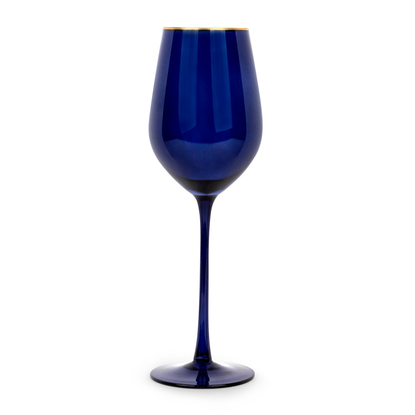Set of 4 navy gloss wine glasses with gold rims and elegant stemmed design.