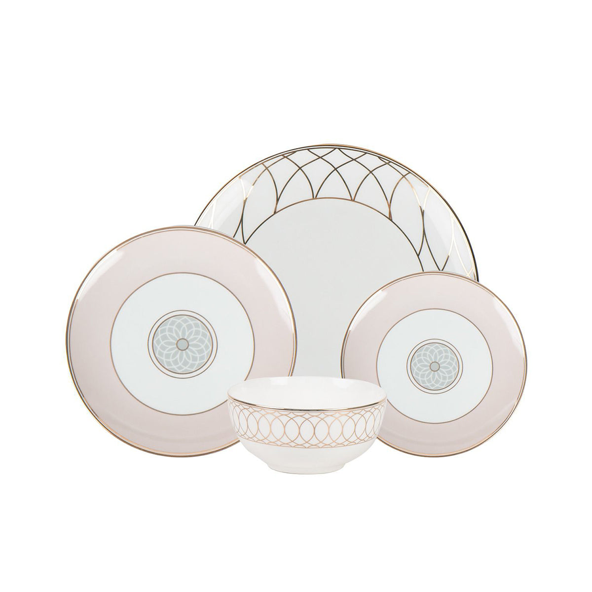 Blush pink and gold ceramic dinnerware set with plates and soup bowls in 16-piece collection.