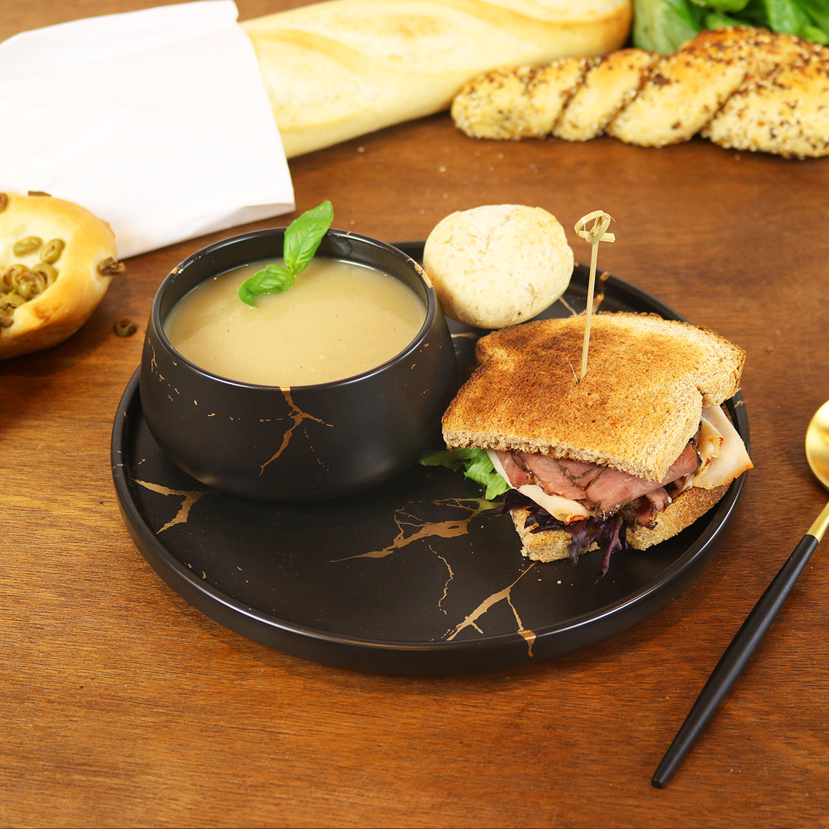 Gold Veined Black Soup Bowl-Set of 4