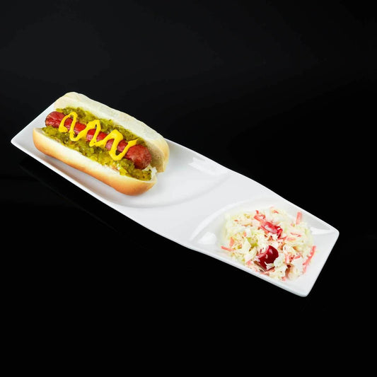 White Porcelain 2 Section Hotdog Plate-Set of 4