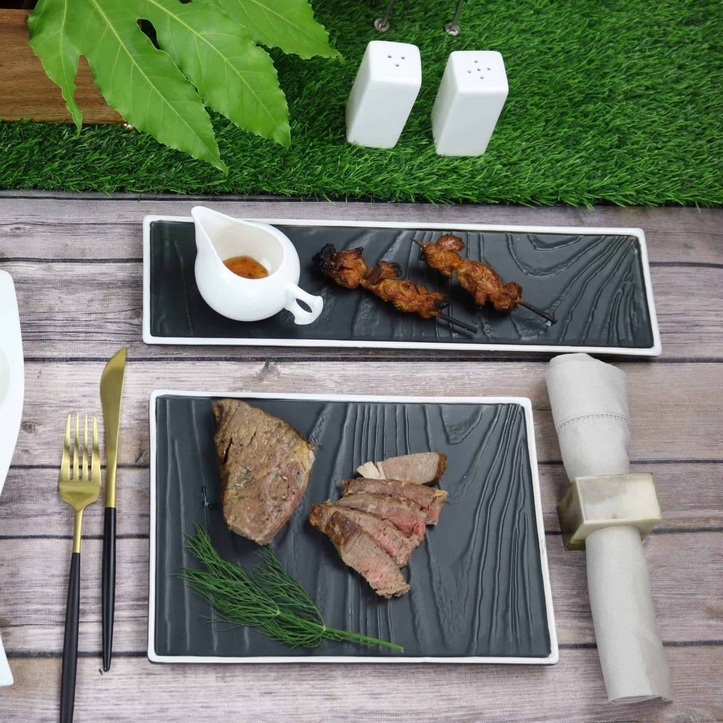 Black Textured Rectangular Plate with White Rim-Set of 4
