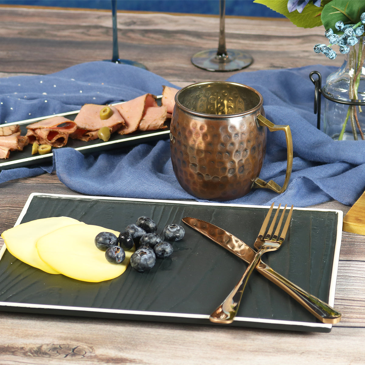 Black Textured Rectangular Plate with White Rim-Set of 4