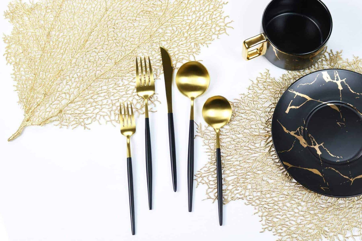 Gold Veined Black Mug With Saucer-Set of 4