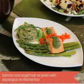 Salmon with pesto, angel hair, and asparagus