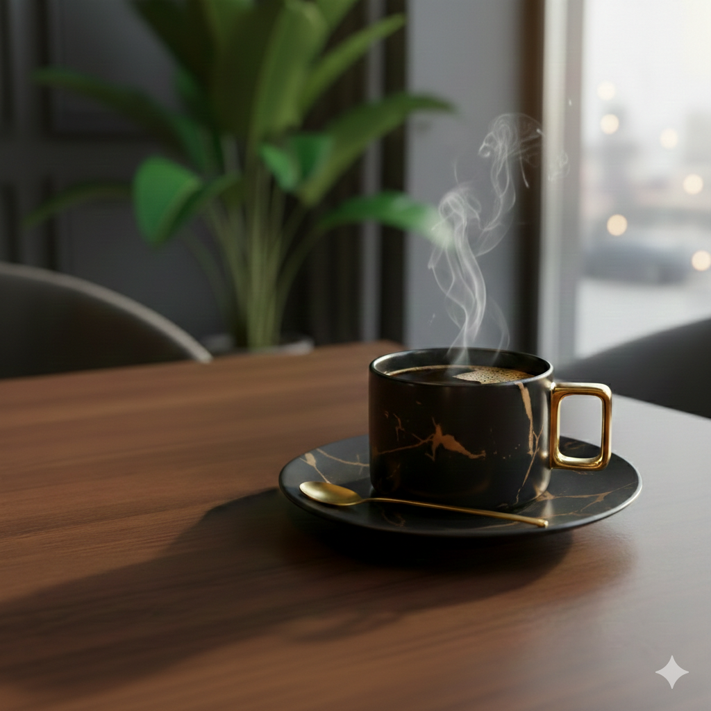 Gold Veined Black Mug With Saucer-Set of 4