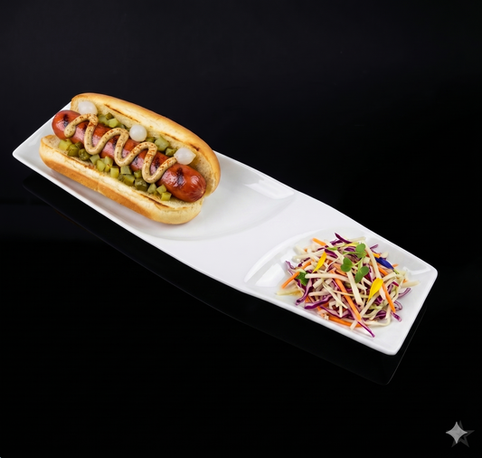 White Porcelain 2 Section Hotdog Plate-Set of 4