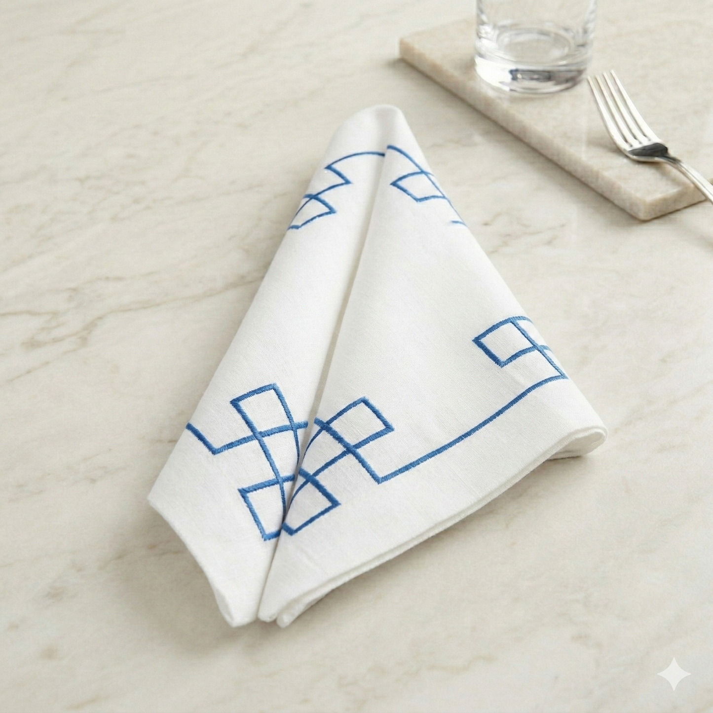 Navy Fretwork Embroidered Napkin