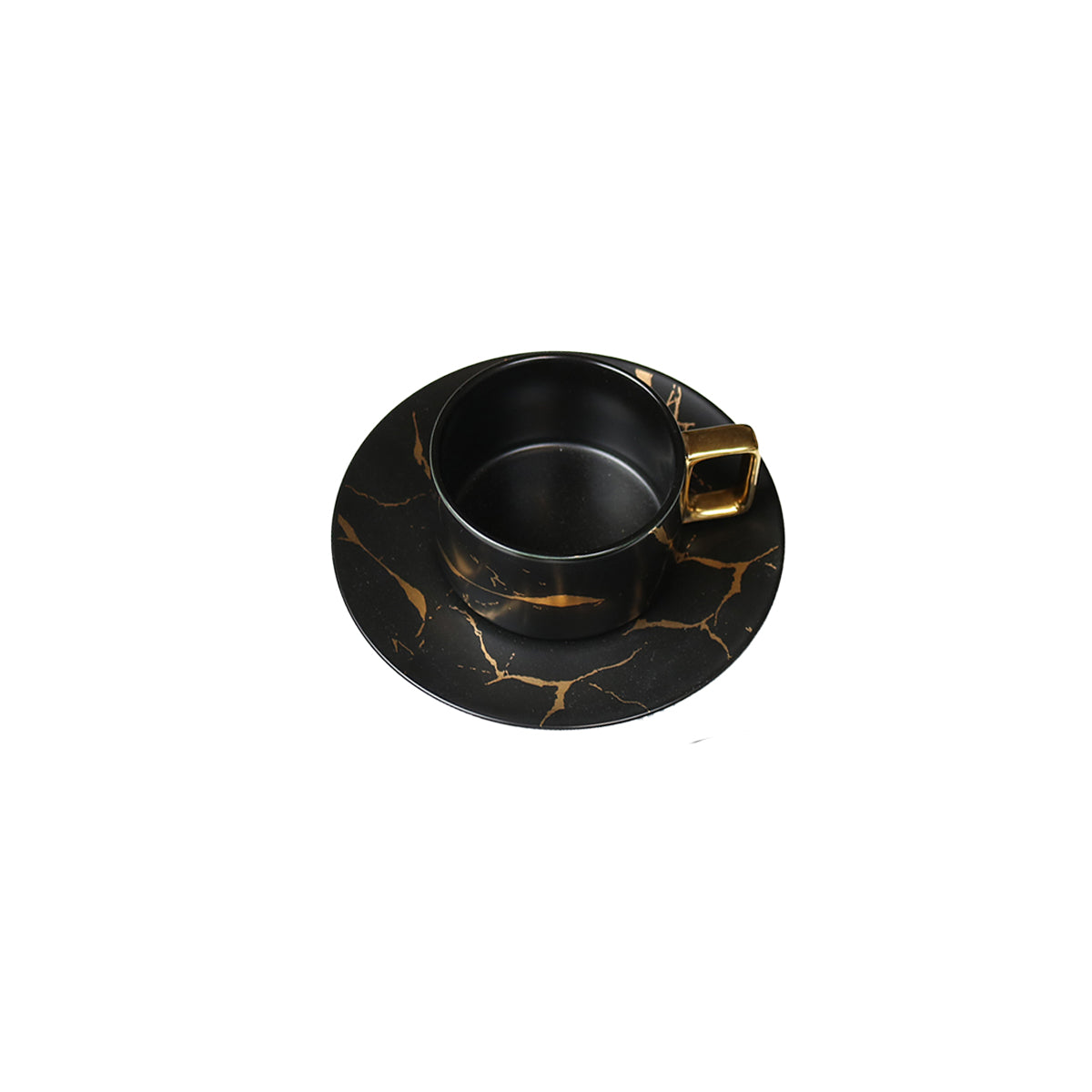 Gold Veined Black Mug With Saucer-Set of 4