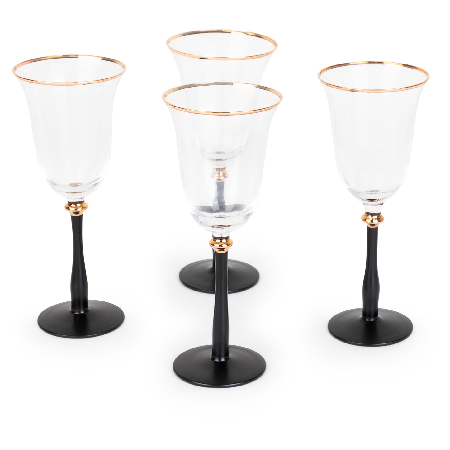 Black Stemmed Clear Wine Glass with Gold Rim- Set of 4