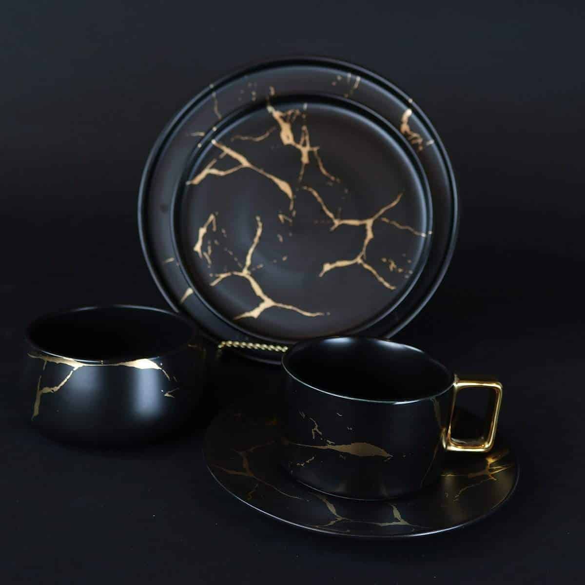 Gold Veined Black Mug With Saucer-Set of 4