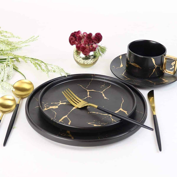 Gold Veined Black Mug With Saucer-Set of 4