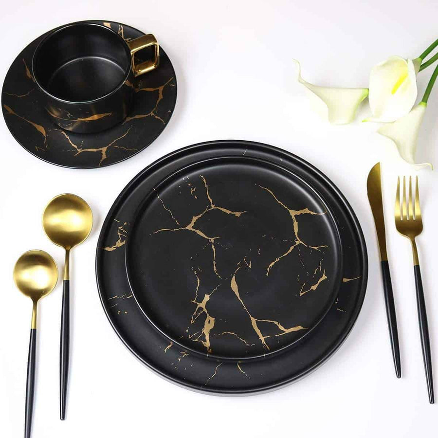 Gold Veined Black Mug With Saucer-Set of 4